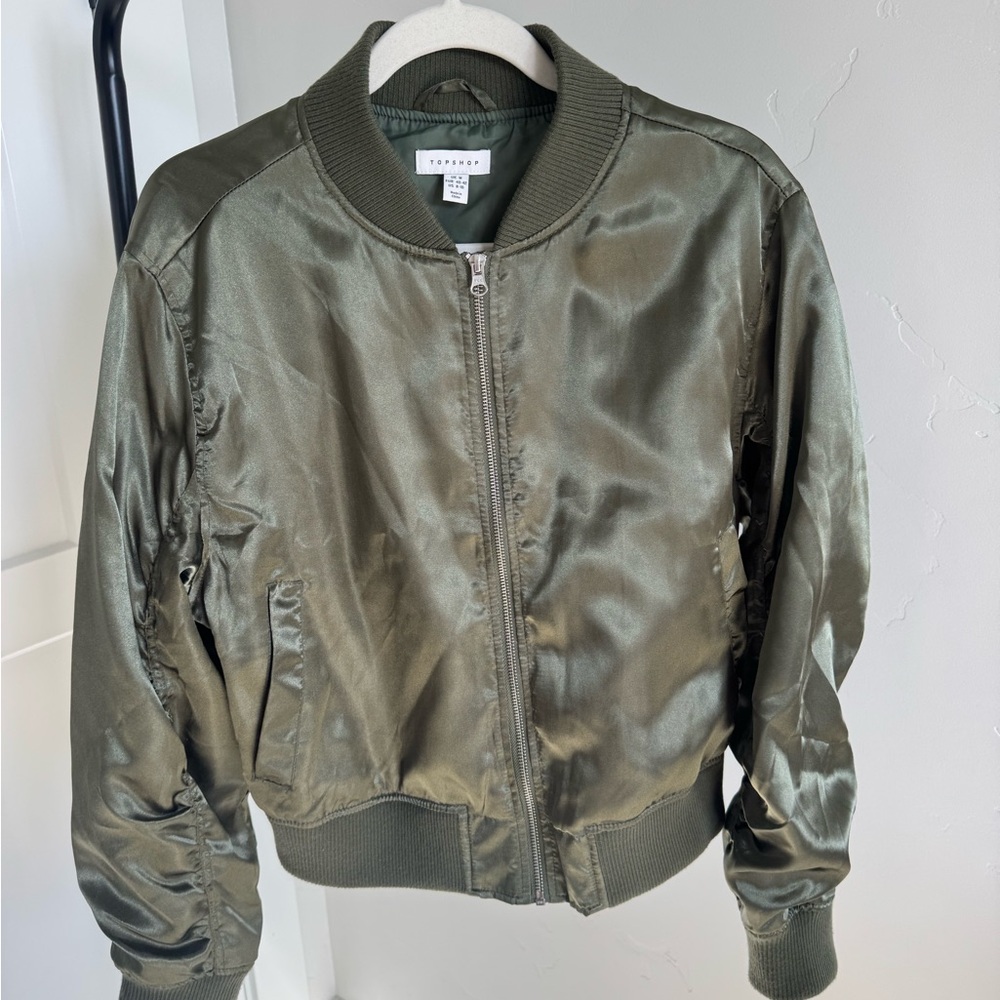 Topshop Khaki Satin Bomber Jacket